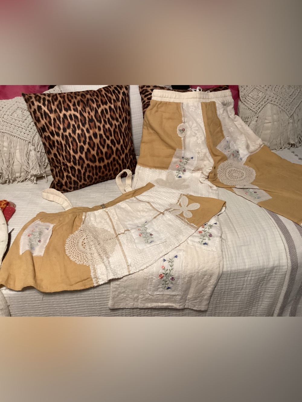 POL 2 Piece Set in Mustard and Cream  sz L Boho Patchwork